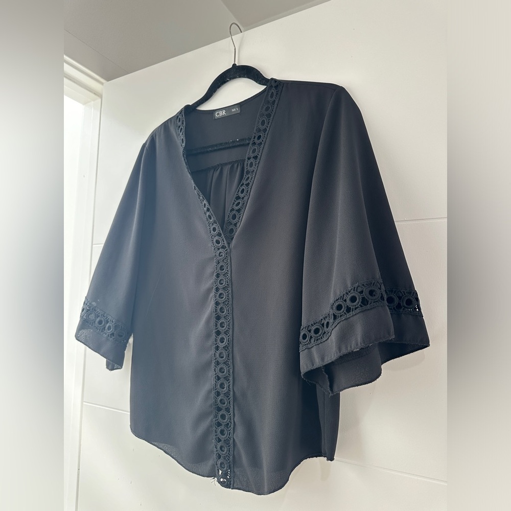 Black Lace Trim Blouse Womens Boho Chic Flowy Top Date Night Casual | Size S - Picture 10 of 13
